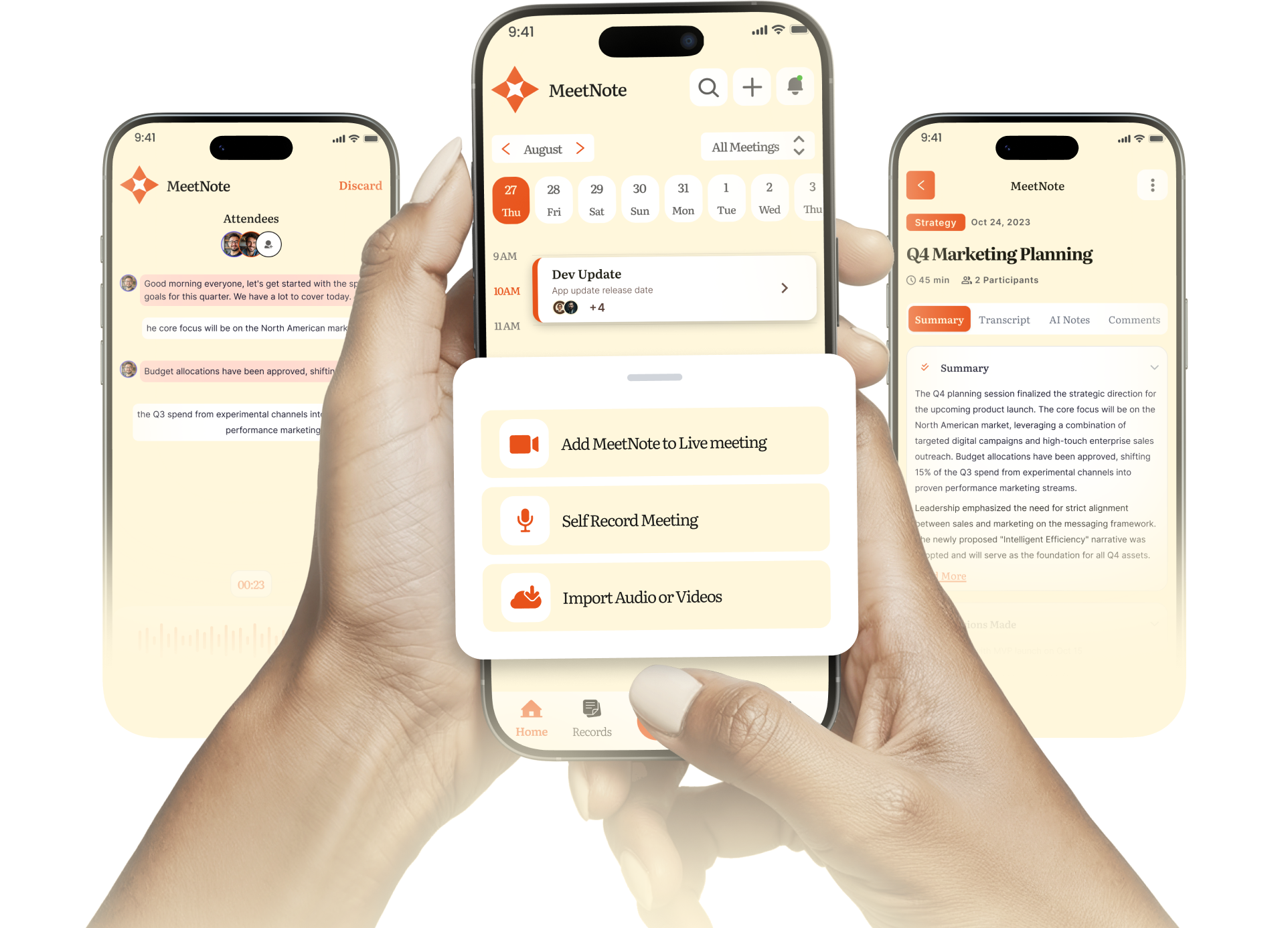 MeetNote app shown on phones held in hand