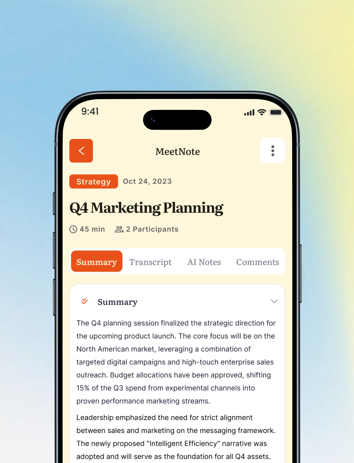 Q3 Marketing Meeting notes on phone